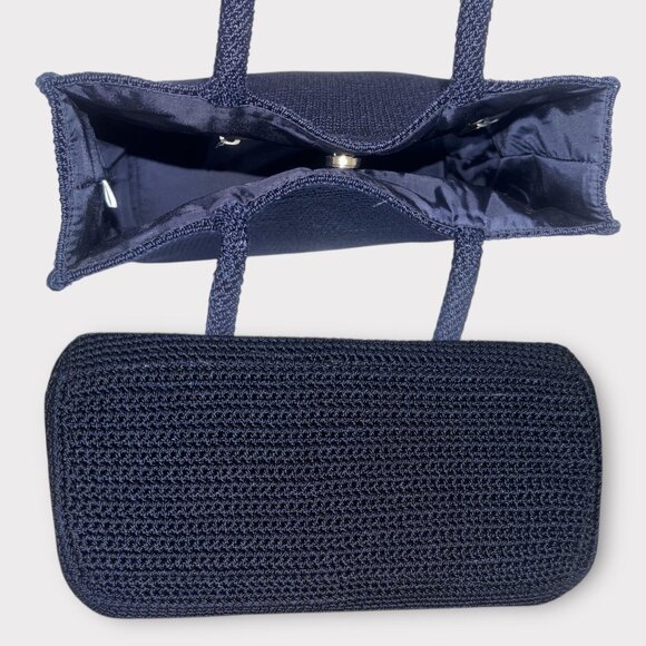 The Sak Classic Crochet Knit Shoulder Tote Navy Blue Silver Nickel 2-Handle Bag - Picture 6 of 8